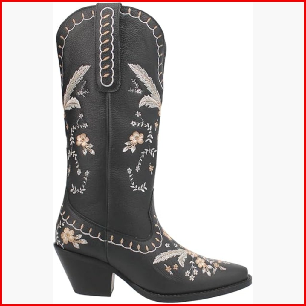 Knee High Casual Boots Leather Pull On Mid Heel Floral Round Toe